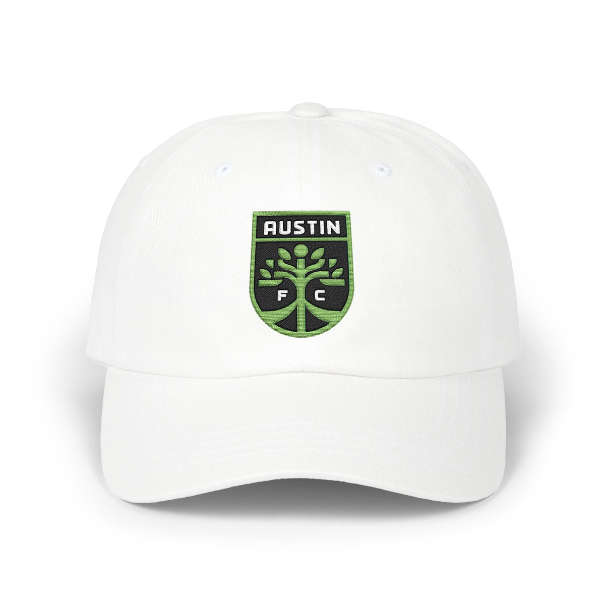 Austin Soccer Dad Cap — Embroidered, Black, Kiwi Green & White