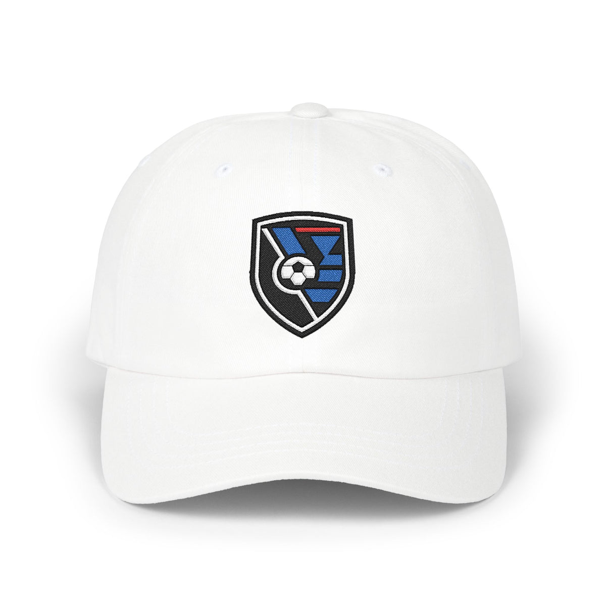 San Jose Soccer Dad Cap — Embroidered, Black, White & Royal