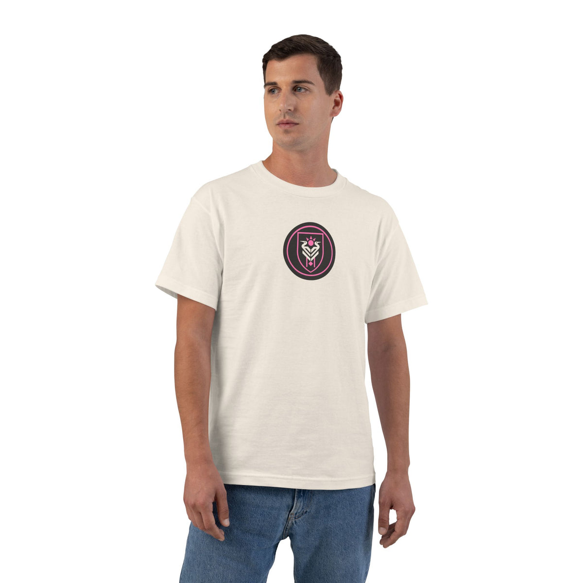 Miami Soccer Heavyweight Tee — Natural, Black & Flamingo